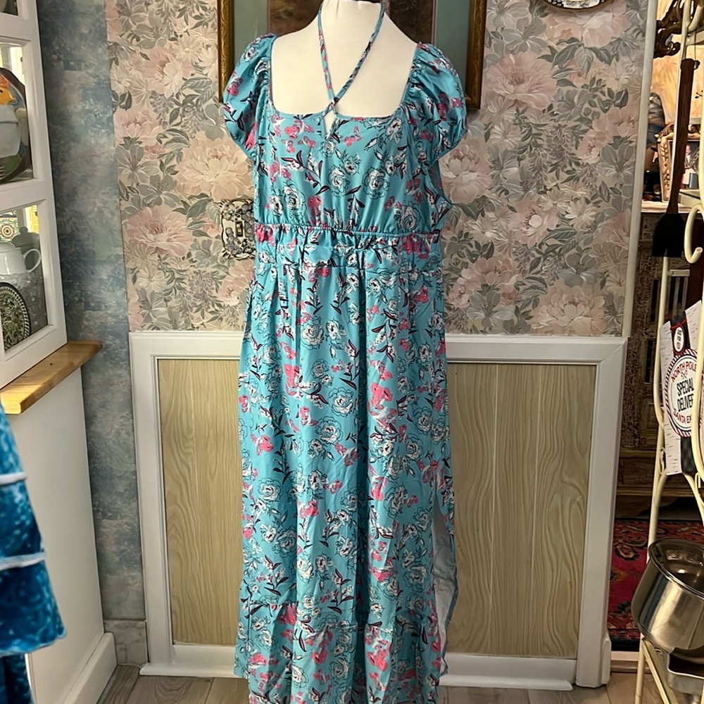 Teal Blue Floral Long Dress Size: 4XL